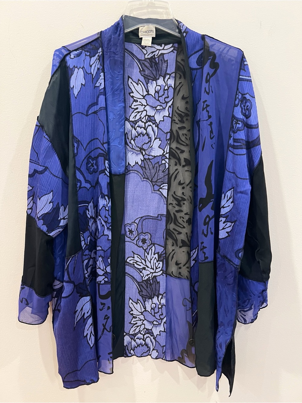 Chicos Kimono Top Size 3 Extra Large Silk Velvet Sheer Flowy Asian Art Patchwork